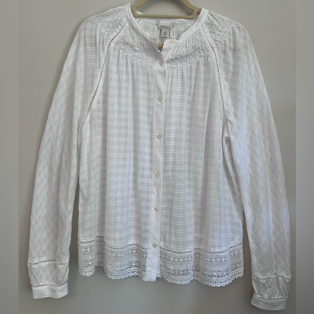 J. Crew Point Sur Womens White Peasant Button Blouse with Lace Trim Size M